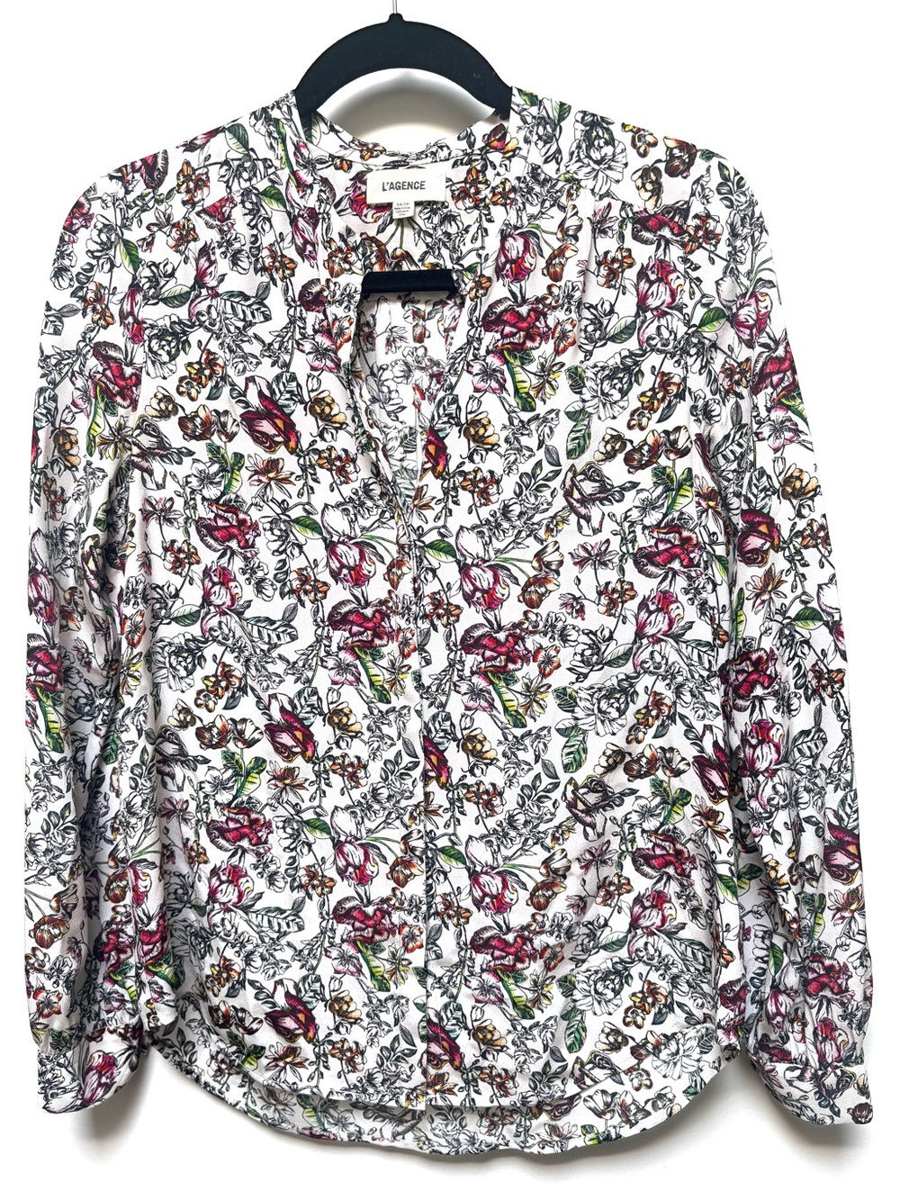 L’AGENCE Silk Floral Blouse | 100% Silk Long Sleeve Top | XS